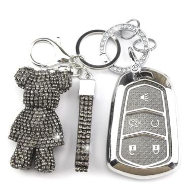 Imagem de Rayslesan Linda capa de chaveiro com pingente de urso de strass, capa inteligente de TPU brilhante para mulheres, compatível com Cadillac ATS ATS-V CTS CT6 XT4 XT5 XT6 XTS SRX (5 botões, prata preta)