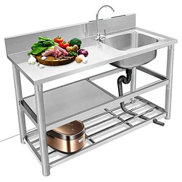Imagem de Pia para estação de trabalho de aço inoxidável independente para preparação de cozinha comercial com bancada e prateleiras de armazenamento (120 x 50 x 80 cm/47,2 x 19,6 x 12,4 polegadas, dreno