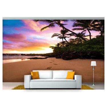 Imagem de Papel De Parede Praia Mar Por Do Sol Coqueiro Npr235 - Você Decora