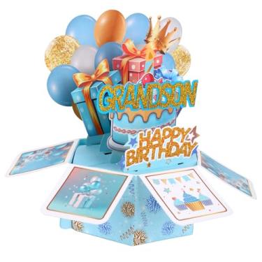 Imagem de Cartão Pop-Up de Aniversário para Neto, Balões Coloridos e Fogos Artifício Cartão de Aniversário 3D com Envelope Presente Criativo dos Avós para Neto (Azul)