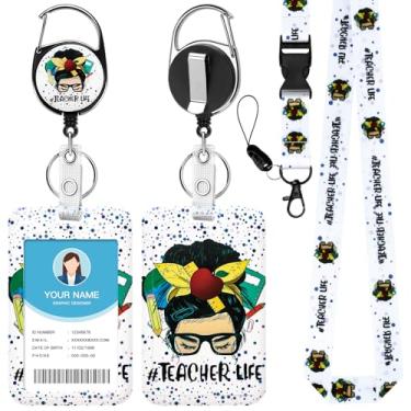 Imagem de Soleebee Cordão de vida de professor para crachás de identificação, lindo suporte de crachá de identificação e cordão destacável, chaveiro retrátil, carretel de crachá resistente com clipe mosquetão
