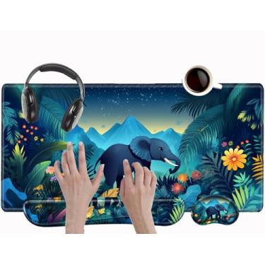 Imagem de Tapete de rato e teclado elefante descanso de pulso animal tapete de mesa para jogos mousepad com suporte de pulso XXL tapete de computador 80 cm x 40 cm tapete de rato decoração de organização