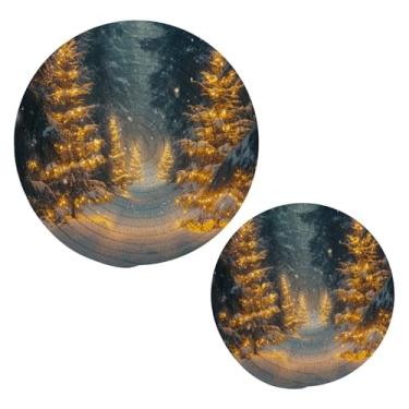 Imagem de Blueangle 2 peças lindas de suporte de panela de trivet para árvores de Natal - conjunto de pegadores de panela de tecido redondo - almofadas quentes trançadas de algodão - porta-copos - tapetes de