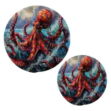 Imagem de Blueangle 2 peças de suporte de panela de polvo vermelho - conjunto de pegadores de panela de tecido redondo - almofadas quentes trançadas de algodão - porta-copos - tapetes de mesa para cozinhar e