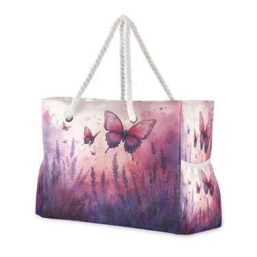 Imagem de ATTX Bolsas de praia femininas de campo lavanda com borboletas - bolsas de praia grandes com zíper à prova d'água à prova de areia bolsa para piscina bolsa grande #96