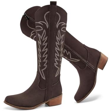Imagem de Ecetana Botas de cowboy ocidentais femininas – cano alto bico fino salto grosso camurça cowgirl botas clássicas bordadas sem zíper bota alta para outono inverno 2025, Café, 37