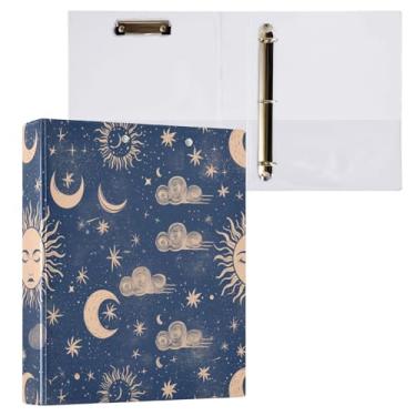 Imagem de Blueangle Fichário elegante com 3 anéis para sol e lua com prancheta e 2 bolsos - Organizador de documentos decorativos de 3 cm para escritório, suprimentos para reuniões (330)