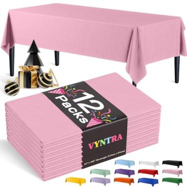 Imagem de Vyntra Toalhas de mesa descartáveis de plástico rosa 137 x 262 cm, pacote com 12 – capas de mesa de festa para aniversário, casamento, formatura e chá de bebê – impermeável, à prova de derramamento