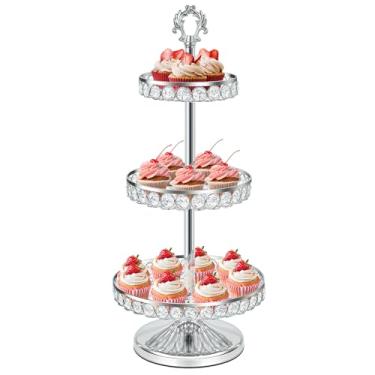 Imagem de KEHAIL Conjunto de bandeja redonda de cupcake de metal, suporte de exibição de sobremesa de cristal para casamentos, aniversários, centros de mesa de festa, lanches e pratos de frutas (prata, suporte
