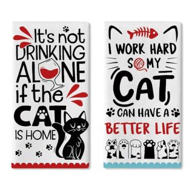 Imagem de Croar Conjunto de 2 panos de prato de cozinha com citações engraçadas de gato preto, toalha de mão inspiradora com estampa de pata para beber, secagem e pano, bem-humorado, banheiro, decoração de casa