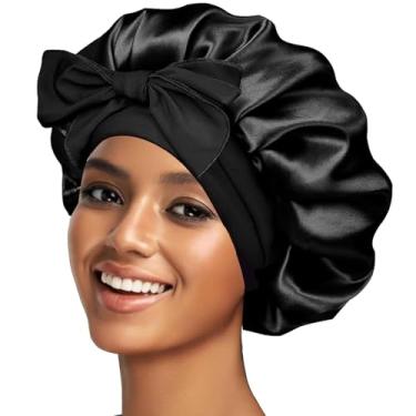 Imagem de Touca de seda de cetim para dormir gorros grandes com faixa de amarrar cabelo com tiras ajustáveis touca de cabelo para mulheres encaracolado preto