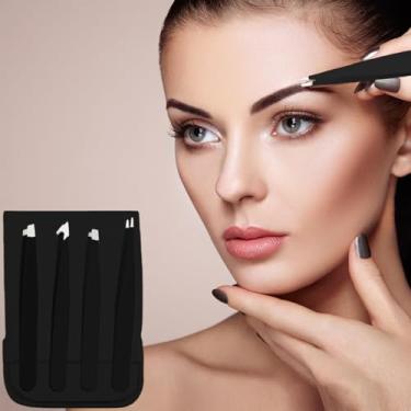 Imagem de Conjunto de pinças de sobrancelha preta de 4 peças – ponta inclinada e afiada de precisão para pelos faciais, pelos encravados, lascas, cravos e removedor de carrapatos