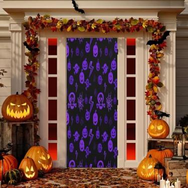 Imagem de Wassud Decoração de capa de porta de caveiras de Halloween faixa interna externa decoração de casa de varanda grande decoração de porta da frente 96 x 98 polegadas