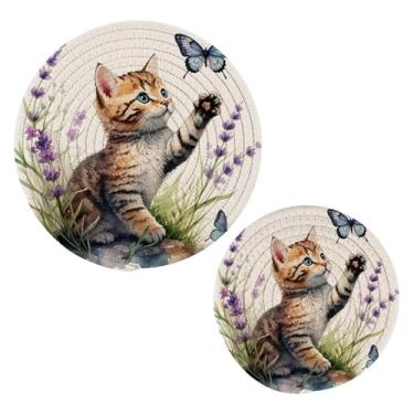 Imagem de Wassud Trivet de gatinho brincalhão para pratos quentes suportes de panela redondos de algodão almofadas quentes elegantes porta-copos decoração de cozinha e acessórios, 2 peças