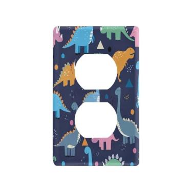 Imagem de Wassud Placa de cobertura para interruptor de luz, desenhos animados, dinossauros, capas de tomada decorativas, placa de parede para tomadas elétricas duplex 12 x 7 cm