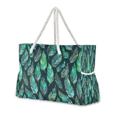 Imagem de Wassud Bolsa de praia grande de penas verdes para mulheres, impermeável, à prova de areia, bolsa de viagem com zíper e bolso para piscina, academia, acampamento