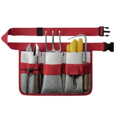 Imagem de Avental de jardim para mulheres, cinto de ferramentas ajustável com 8 bolsos - Cinto de trabalho Oxford resistente para jardinagem, construção (vermelho)