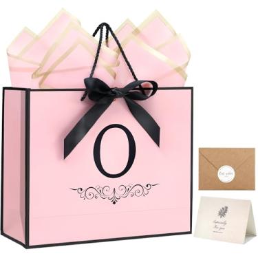 Imagem de KeerxunBag Sacos de presente personalizados para mulheres e meninas com inicial - Saco de presente de papel rosa monograma com laço de fita, papel de seda combinando, cartão e adesivo de envelope (O