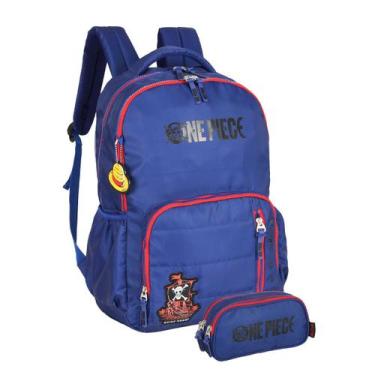 Imagem de Kit Mochila One Piece Costas E Estojo Triplo Juvenil Escolar, Azul