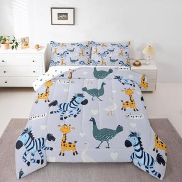 Imagem de jejeloiu Jogo de cama solteiro com estampa de animais de desenho animado, girafa e zebra, temática de zoológico, azul, amarelo, para decoração de quarto, microfibra, 2 peças com 1 fronha