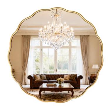Imagem de ietat Espelho ondulado redondo dourado 76 cm, espelho circular para banheiro, moldura mental, espelho decorativo montado na parede para quarto, sala de estar