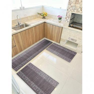 Imagem de Kit 3 Peças Jogo Cozinha Passadeira Emborrachada Não Derrapa Barrado Marrom Branco