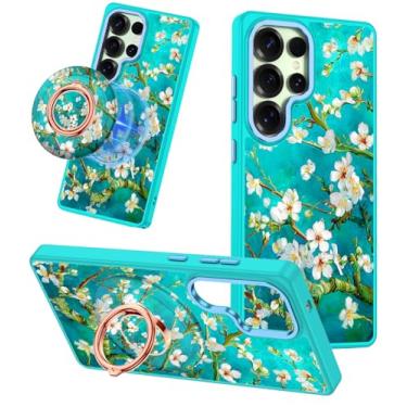 Imagem de Meshine Capa para Galaxy S25 Ultra, compatível com MagSafe, suporte magnético de rotação de 360°, fosco com flores fofas para mulheres e meninas, capa moderna engraçada para Samsung Galaxy S25 Ultra
