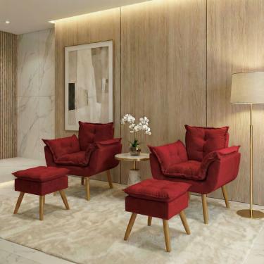 Imagem de Kit 2 Poltronas Decorativa e 2 Puffs Para Sala Recepção Manicure Consultório Quarto Alice Tecido Suede