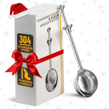 Imagem de Espanador de farinha – Espanador de farinha de aço inoxidável 304 para assar pão com cabo de mola – espanador de cacau, canela, especiarias e açúcar em pó com operação com uma mão | Pode ser lavado na
