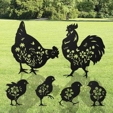 Imagem de Romart Decorações de estacas de jardim com silhueta de frango - 6 peças de estátuas de animais de galinha de metal, conjunto de esculturas de animais rústicos pretos, arte de quintal para jardim ao ar
