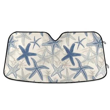 Imagem de Estrela do mar azul no para-sol bege para para-brisa de carro, proteção UV, persiana dobrável para janela de carro, para-sol retrátil para carro