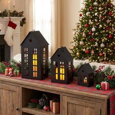 Imagem de TRIROCKS Conjunto de 3 lanternas de metal vintage de 34 cm, 23,5 cm e 13,5 cm de altura, castiçais decorativos para jardim, quintal, pátio, festas de casamento, eventos internos e externos (preto)