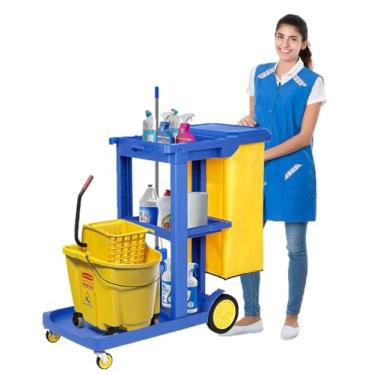 Imagem de tonchean Carrinho de limpeza comercial com 3 prateleiras, carrinho de limpeza de limpeza de limpeza de 90 kg Carrinho de limpeza de grande capacidade com rodas com saco de vinil amarelo de 77 litros