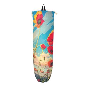 Imagem de Conjunto de porta-sacolas plásticas de flores vermelhas, bolsa de armazenamento de cozinha, dispensador organizador de sacolas de supermercado