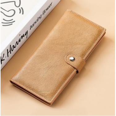 Imagem de Carteira feminina de couro genuíno com dobra dupla/tripla - Suporte minimalista para cartão de crédito com bloqueio de RFID e bolso para moedas, Damasco, Casual