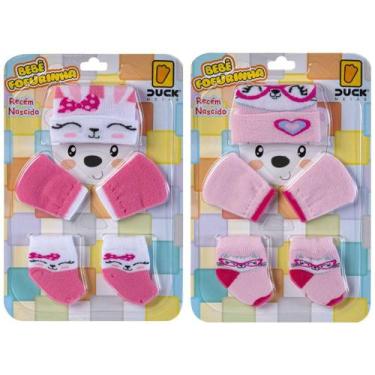 Imagem de Kit 2 Conjuntos Touca Luva e Meia Bebê Recém-Nascido Enxoval Menina - 