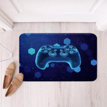 Imagem de Erosebridal Tapetes de banheiro Gamer Boys 40,6 cm x 61 cm tapete de banho controlador de jogo tapete de banheiro favo de mel pontos hexagonais capacho azul geometria moderna