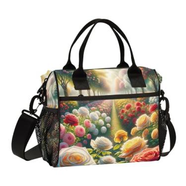 Imagem de Linda lancheira com isolamento de jardim de rosas com alças, lancheira pequena, lancheiras largas para mulheres, P