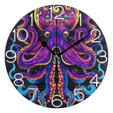 Imagem de GAIGEO Relógio de parede analógico decorativo escritório cozinha relógio divertido alimentado por bateria, decoração de parede moderna casa de fazenda polvo legal noite estrelada colorido, 25 cm