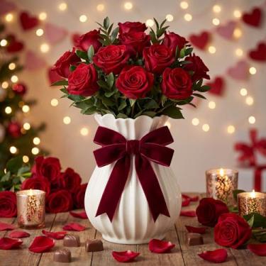 Imagem de Qinyoung Vaso de cerâmica plissado vintage branco creme azedo elegante vaso de flores decorativo para buquê casa de fazenda sala de estar armário mesa centro de mesa prateleira de cozinha decorações