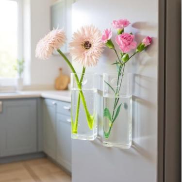 Imagem de 2 vasos magnéticos para tubos de teste de geladeira – vasos magnéticos de geladeira de madeira (madeira clara/escura), estação de propagação hidropônica com tubos de vidro (transparente)