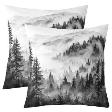 Imagem de Erosebridal Conjunto de 2 capas de almofada de floresta neblina cinza preto 61 x 61 conjunto de 2 capas de almofada cinza branco nebuloso montanha rústica floresta pinheiros, aquarela, natureza