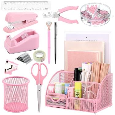 Imagem de SYMDROMIA Conjunto organizador de mesa de escritório 13 em 1 com grampeador e dispensador de fita, suporte de caneta, tesoura, régua, furador, 2 canetas e mais acessórios de mesa para material de