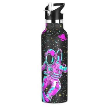 Imagem de Garrafa de água Astronaut Space Dark Black para adolescentes e crianças Garrafas de água de aço inoxidável com isolamento térmico para crianças com tampa de canudo para bebidas quentes ou frias, 590