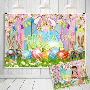Imagem de OERJU Pano de fundo para fotografia de primavera e páscoa, feliz páscoa, ovos, coelho, grama, flores, fundo de parede colorido de madeira, crianças, recém-nascidos, chá de bebê, decoração de festa de