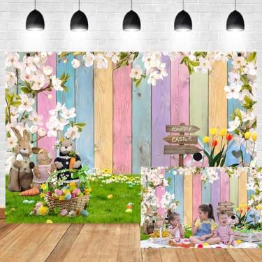 Imagem de OERJU Pano de fundo para fotografia de Páscoa, primavera, coelho, ovos coloridos, fundo de madeira rústica, pano de fundo de páscoa, grama, floral, decoração de festa de Páscoa, faixa infantil para