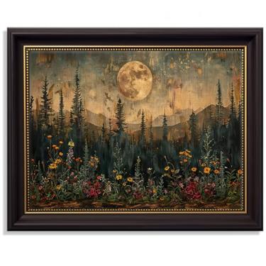 Imagem de Arte de parede vintage emoldurada em tela de floresta lua, campo sereno, estampa floral, pinheiro, natureza, paisagem, fazenda, imagens rústicas, cenário natural, decoração de parede, floresta, flores