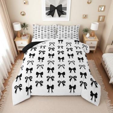 Imagem de Erosebridal Conjunto de edredom completo com laço preto para meninas | Conjunto de cama com laço de fita preta e branca, para decoração de quarto com laço fofo e fofo, 2 fronhas