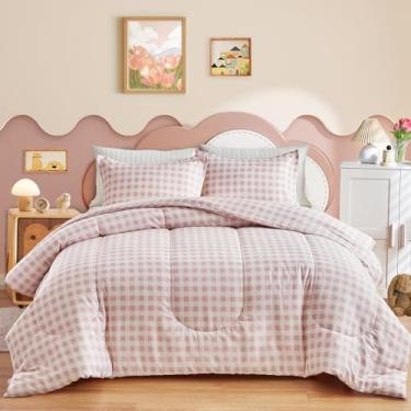 Imagem de Joyreap Conjunto de edredom solteiro de algodão 3 peças, estampa xadrez guingão rosa para meninas, conjunto de edredom macio e aconchegante para todas as estações - 172 x 223 cm