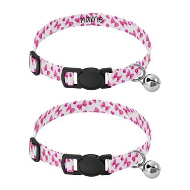 Imagem de SEHANY Conjunto de 2 coleiras de cachorro com laço rosa fofo, fivela de plástico resistente, leve, macia e leve, com sino pequeno, coleiras personalizadas com nome de animal de estimação para meninos